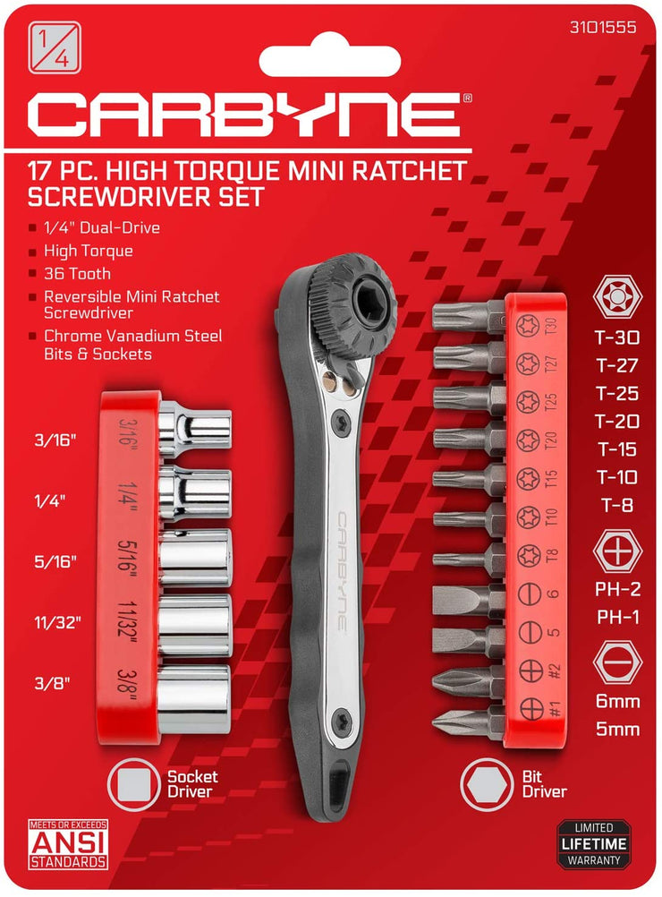 CARBYNE Mini Ratchet Wrench Screwdriver, Bit Set & Sockets - 17