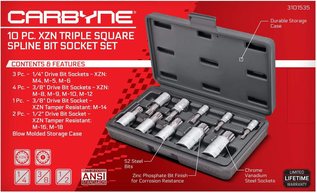 CARBYNE XZN Triple Square Spline Bit Socket Set - 10 Piece, S2 Steel Bits | Metric 4mm - 18mm - Carbyne Tools