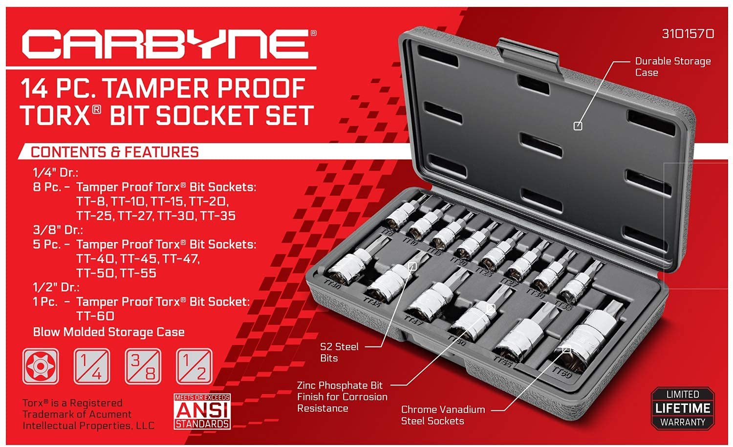 CARBYNE Tamper Proof Torx Bit Socket Set - 14 Piece, T-8 to T-60 Sizes, S2 Steel Bits, CRV Sockets | 1/4", 3/8" & 1/2" Drive - Carbyne Tools