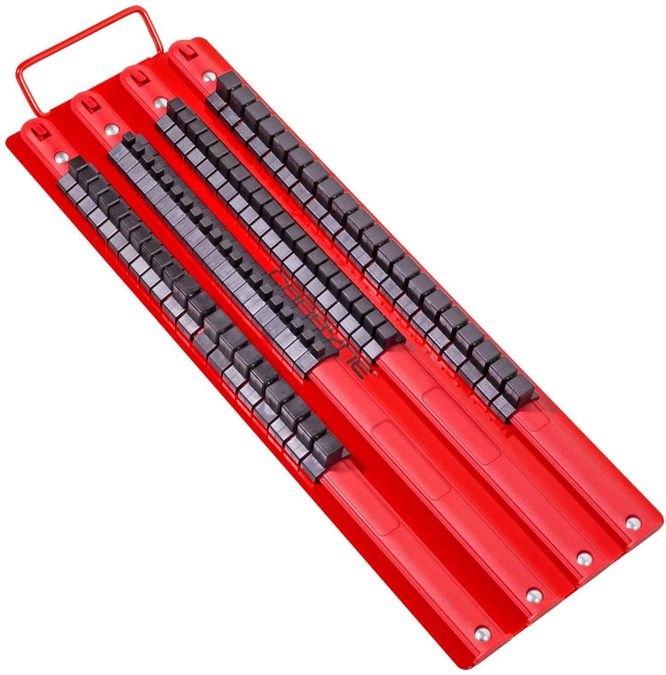 CARBYNE Socket Organizer Tray - 80 Piece, Fits 1/4-Inch, 3/8-Inch, 1/2-Inch Drive Sockets, Heavy Duty Socket Rail, Red Rails with Black Clips - Carbyne Tools