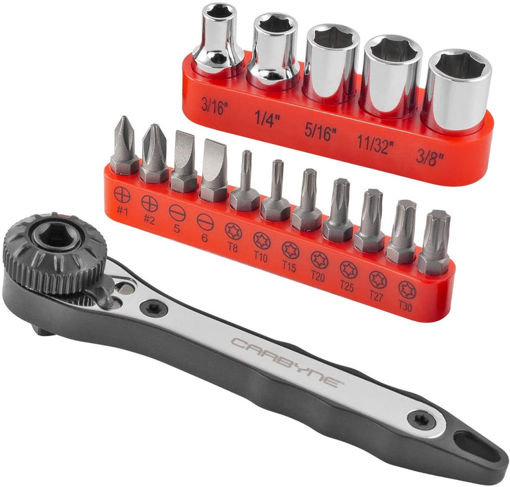 CARBYNE Mini Ratchet Wrench Screwdriver, Bit Set & Sockets - 17 Piece, Right Angle 1/4 inch Dual-Drive | CR-V Steel - Carbyne Tools