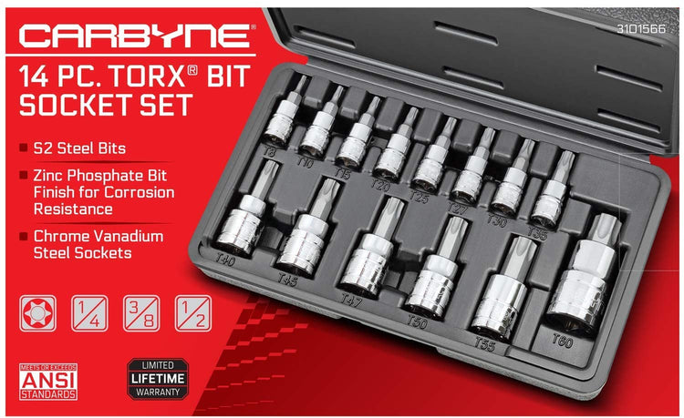 CARBYNE Torx Bit Socket Set - 14 Piece, T-8 to T-60 Sizes, S2 Steel Bits, CRV Sockets | 1/4", 3/8" & 1/2" Drive - Carbyne Tools