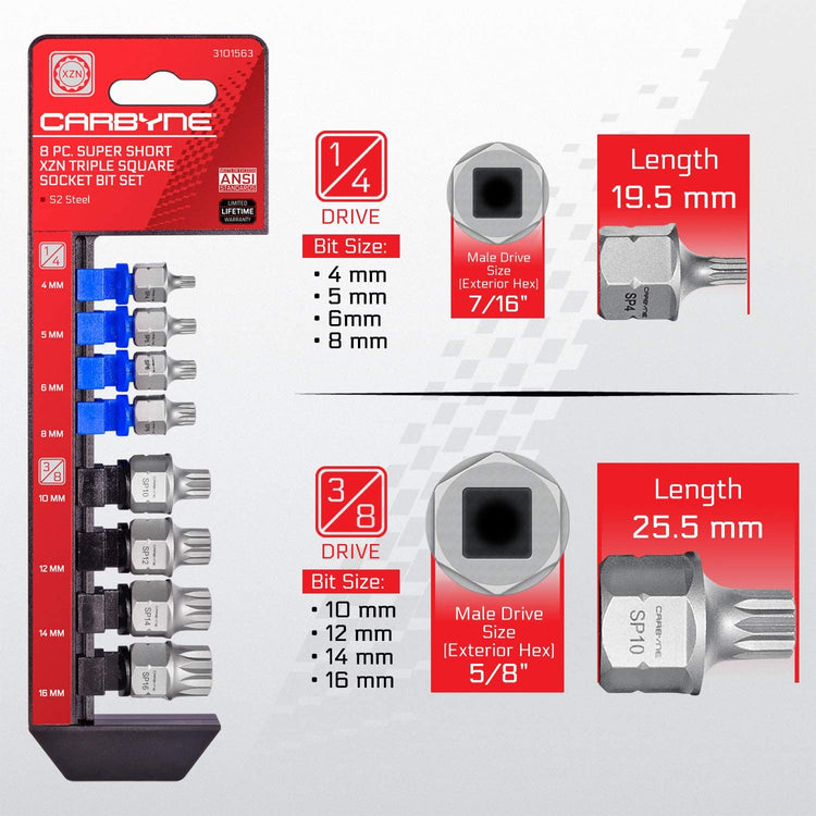 CARBYNE Super Short XZN Triple Square Socket Bit Set - 8 Piece, 4mm to 16mm | S2 Steel - Carbyne Tools