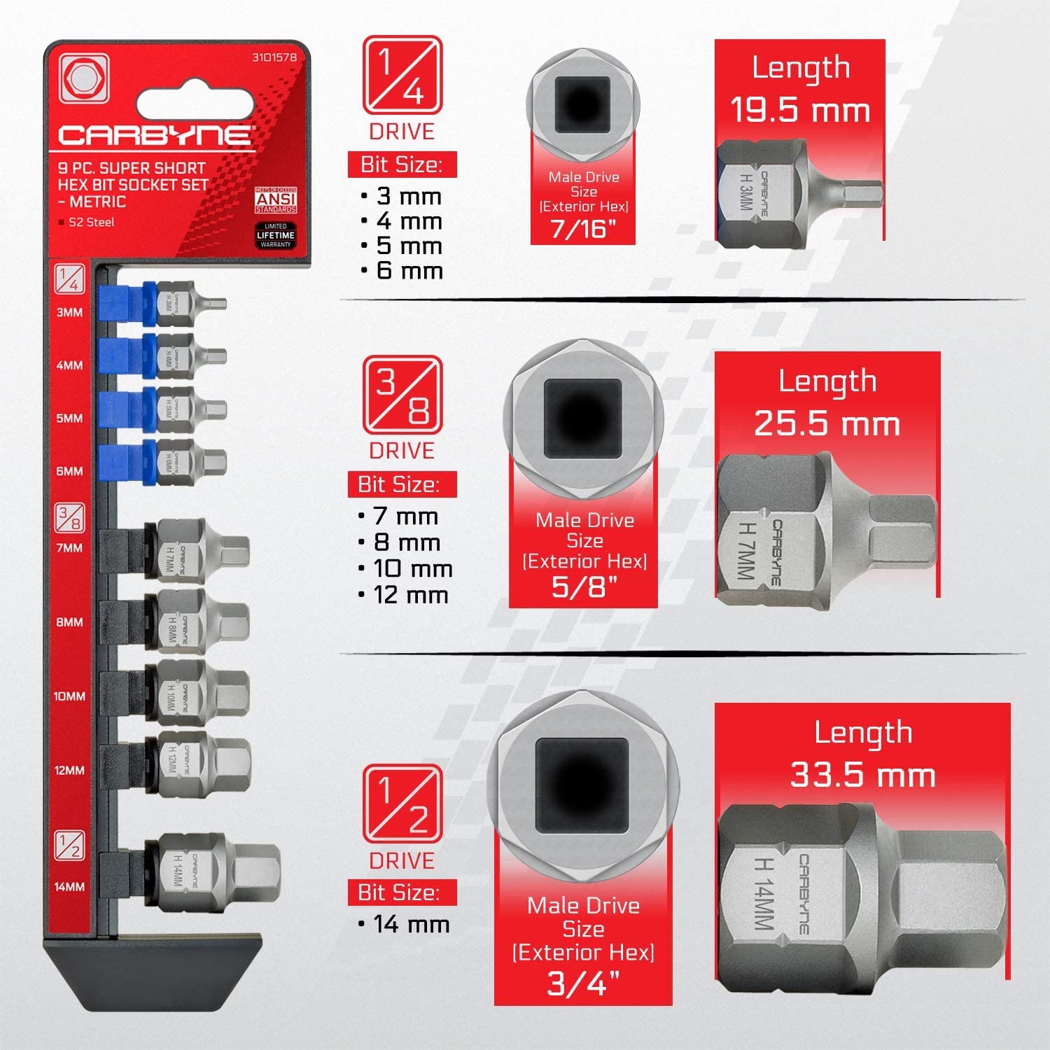 CARBYNE Super Short Hex Bit Socket Set - 9 Piece, Metric, 3mm to 14mm | S2 Steel - Carbyne Tools