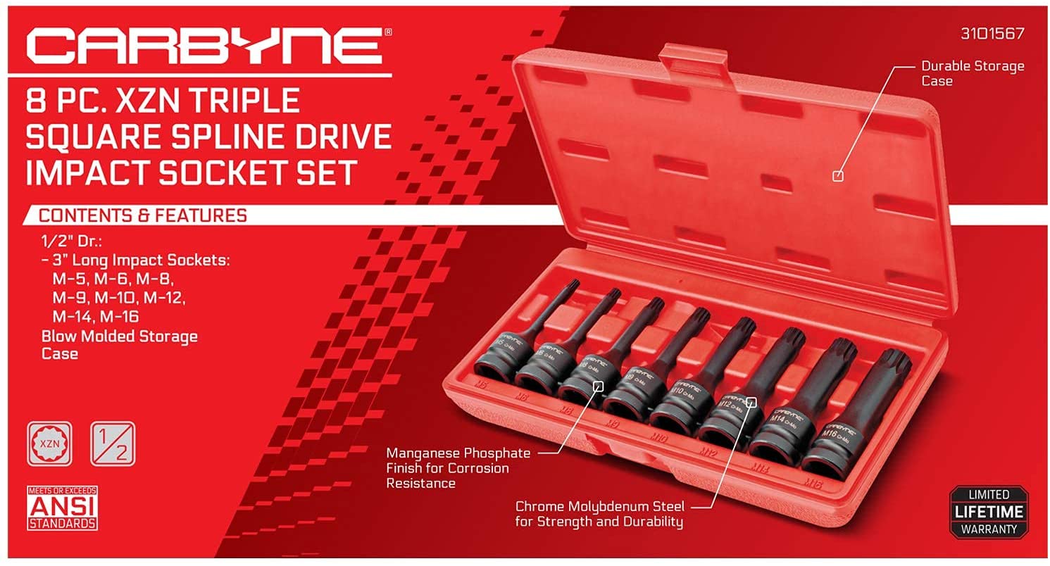 CARBYNE XZN Triple Square Spline Drive Impact Socket Set - 8 Piece, Chrome Molybdenum (Cr-Mo) Steel | Metric M5 to M16 | 1/2 inch Drive - Carbyne Tools