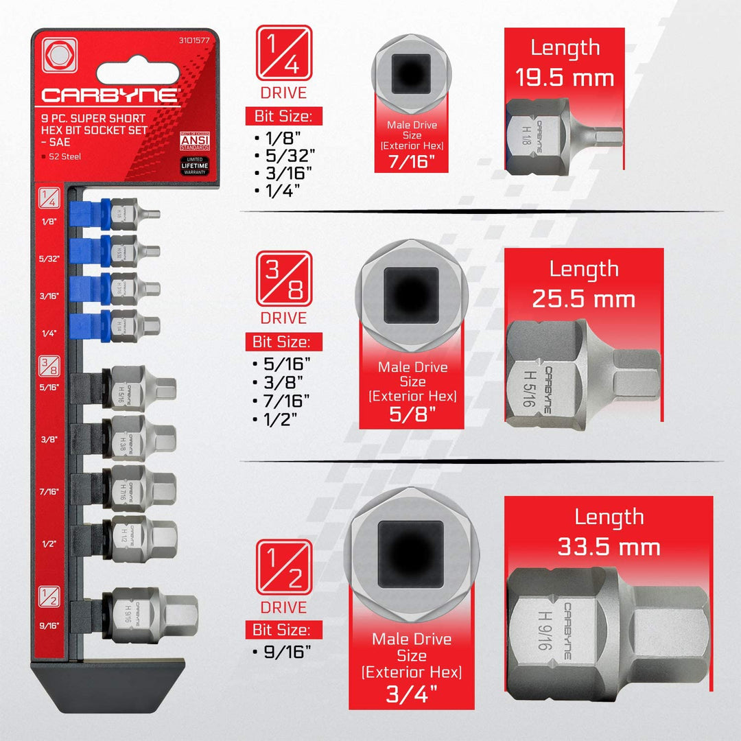 CARBYNE Super Short Hex Bit Socket Set - 9 Piece, SAE, 1/8" to 9/16" | S-2 Steel - Carbyne Tools