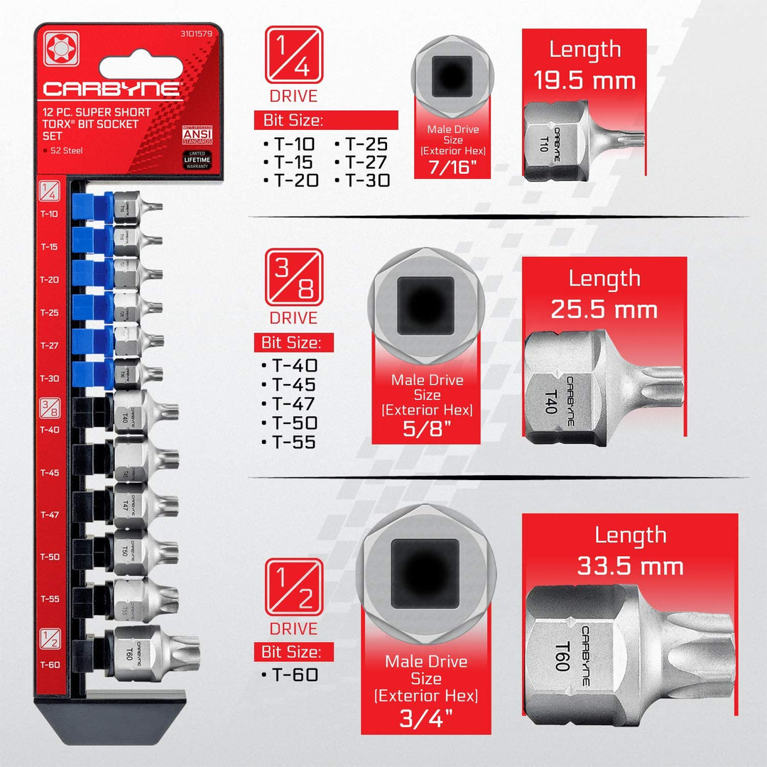 CARBYNE Super Short Torx Bit Socket Set - 12 Piece , T-10 to T-60 | S2 Steel - Carbyne Tools