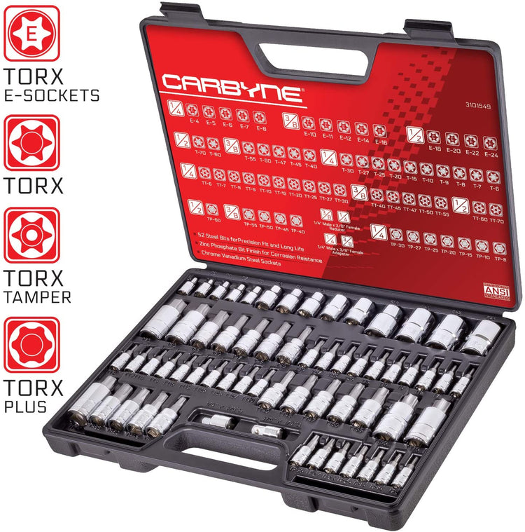 CARBYNE Master Torx Bit Socket Set & Torx External Socket Set - 62 Piece, S2 Steel Bits, CRV Sockets | 1/4", 3/8" & 1/2" Drive - Carbyne Tools