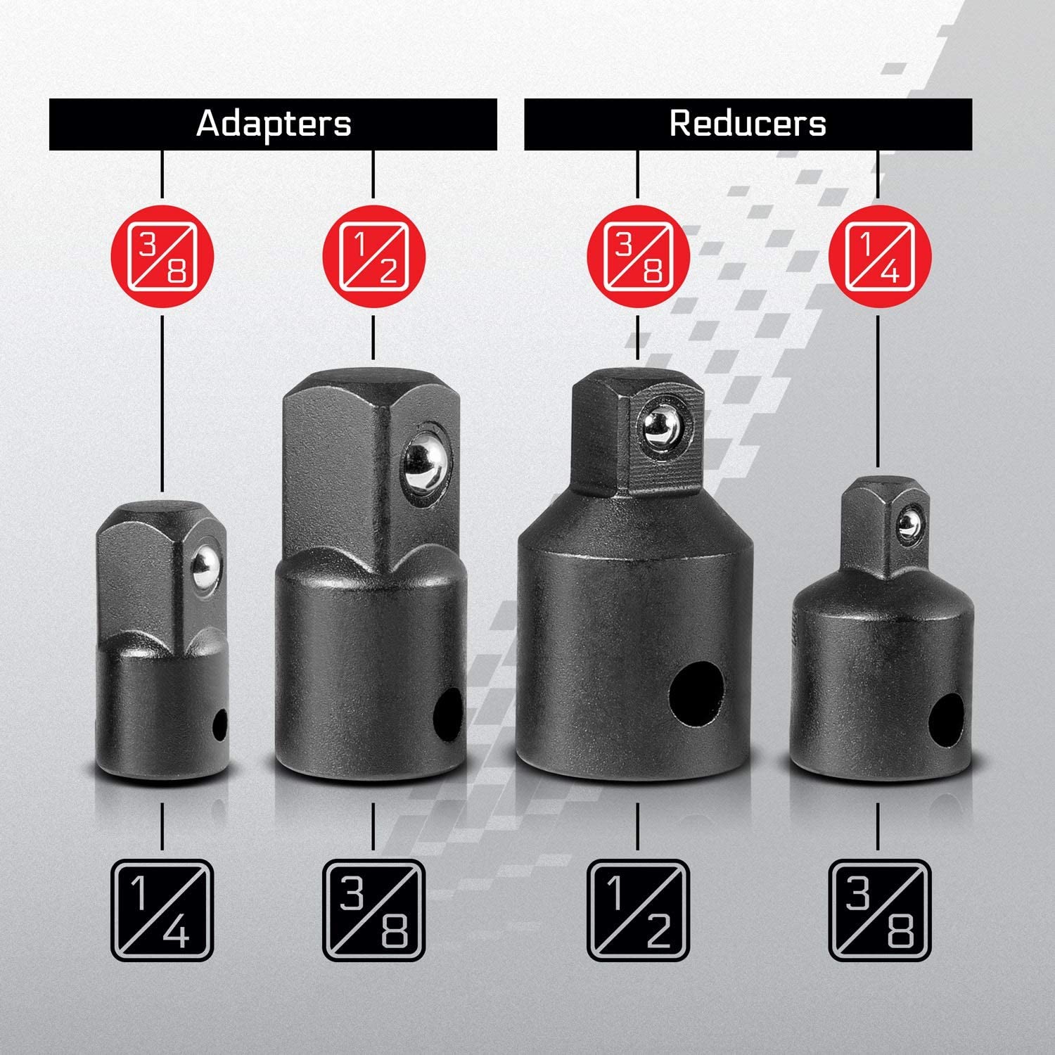 CARBYNE Impact Adapter and Reducer Set - 4 Piece, Chrome Vanadium Steel - Carbyne Tools