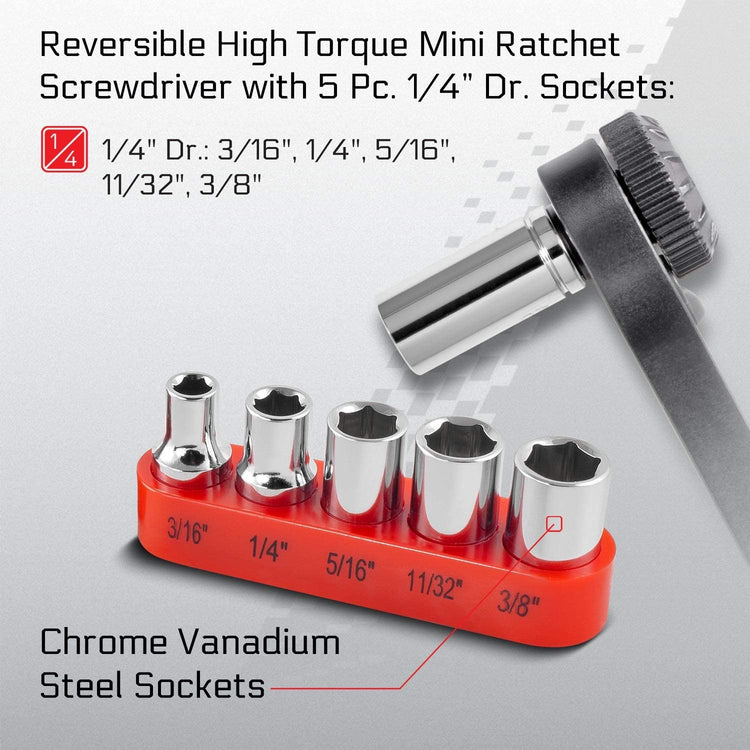 CARBYNE Mini Ratchet Wrench Screwdriver, Bit Set & Sockets - 17 Piece, Right Angle 1/4 inch Dual-Drive | CR-V Steel - Carbyne Tools