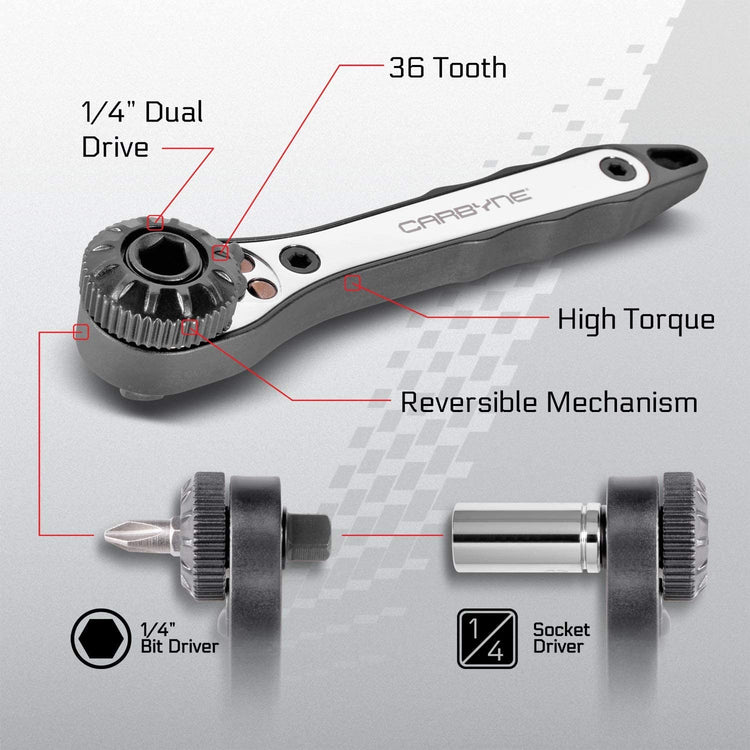 CARBYNE Mini Ratchet Wrench Screwdriver, Bit Set & Sockets - 17 Piece, Right Angle 1/4 inch Dual-Drive | CR-V Steel - Carbyne Tools