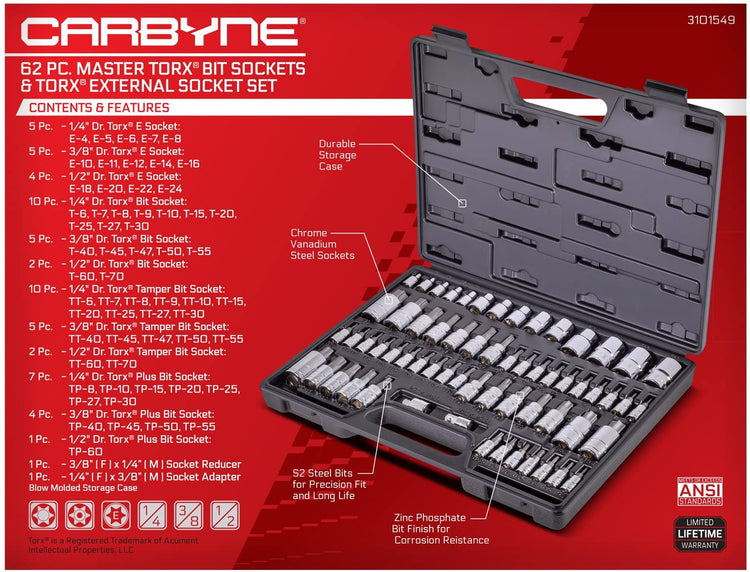 CARBYNE Master Torx Bit Socket Set & Torx External Socket Set - 62 Piece, S2 Steel Bits, CRV Sockets | 1/4", 3/8" & 1/2" Drive - Carbyne Tools