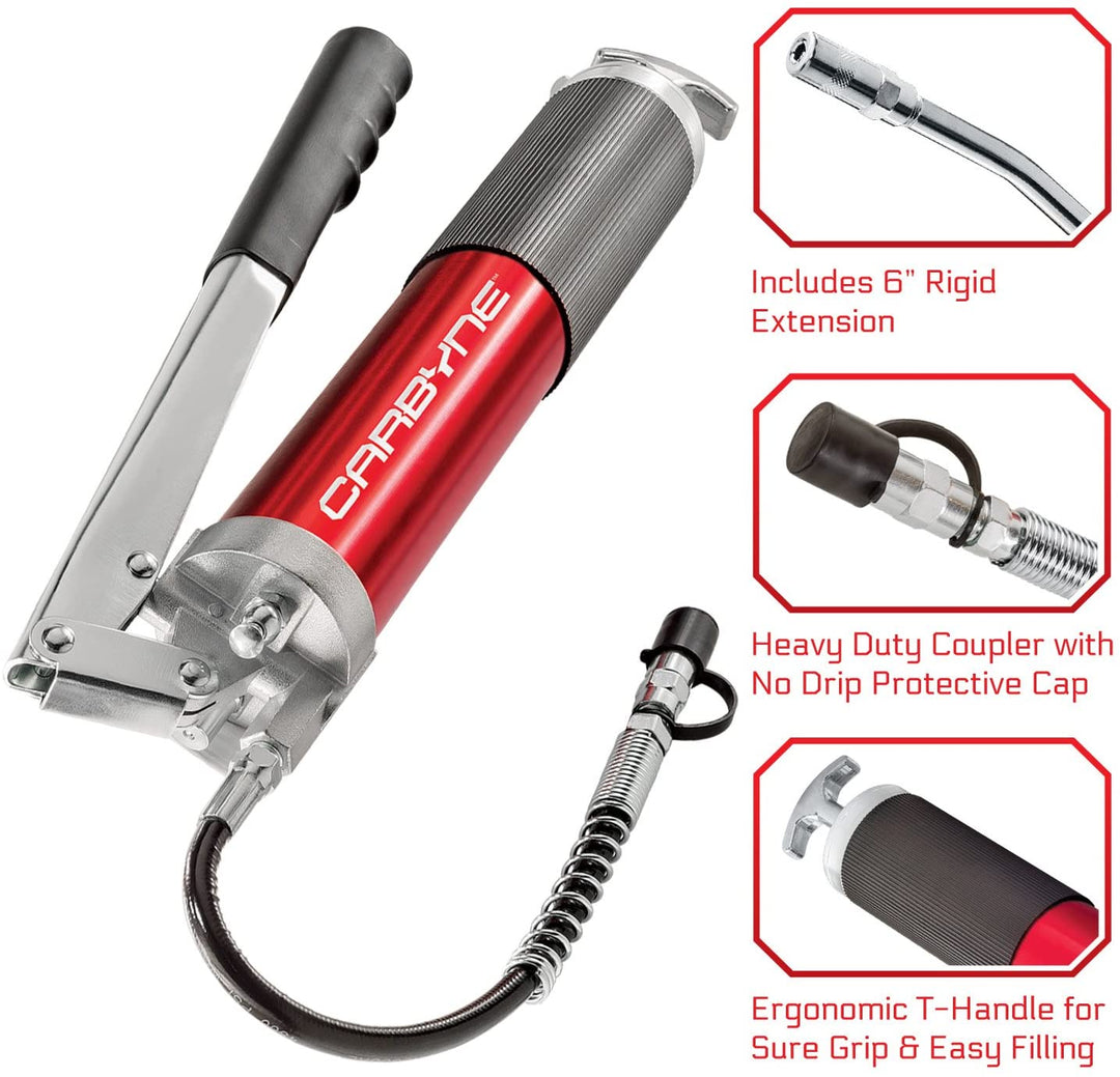 CARBYNE Grease Gun - Lever Handle, 4500 PSI, Anodized Aluminum Barrel, Heavy Duty Professional Quality. 12" Flex Hose and 6" Rigid Ext, 3-Way Loading - Carbyne Tools