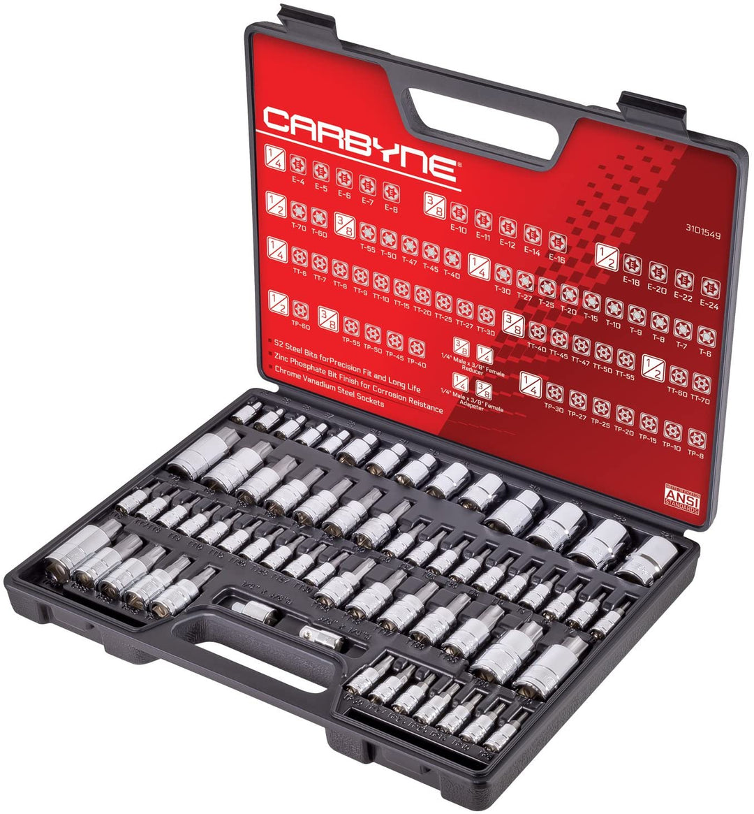 CARBYNE Master Torx Bit Socket Set & Torx External Socket Set - 62 Piece, S2 Steel Bits, CRV Sockets | 1/4", 3/8" & 1/2" Drive - Carbyne Tools