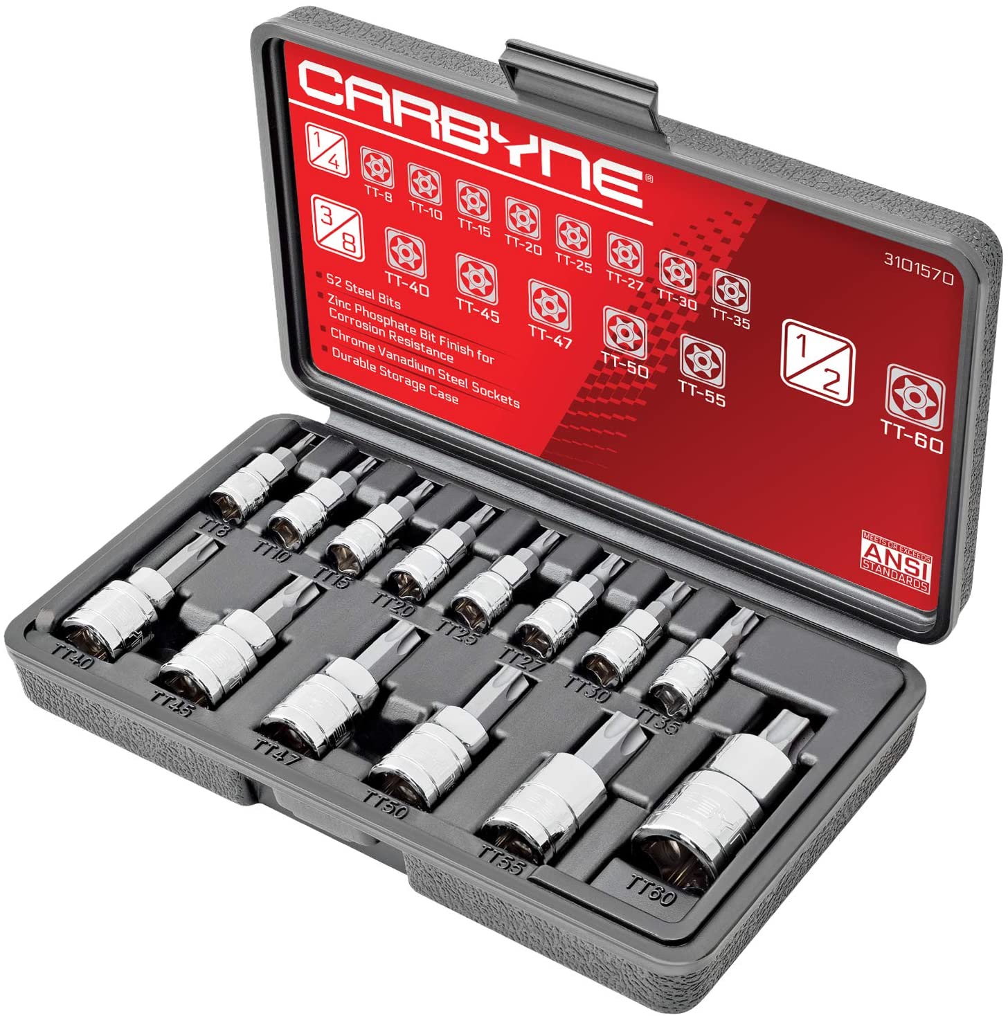 CARBYNE Tamper Proof Torx Bit Socket Set - 14 Piece, T-8 to T-60 Sizes, S2 Steel Bits, CRV Sockets | 1/4", 3/8" & 1/2" Drive - Carbyne Tools