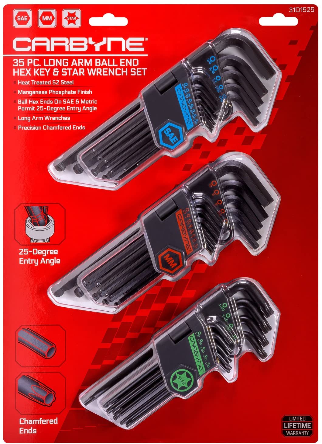 CARBYNE Long Arm Ball End Hex Key Wrench Set - 35 Piece, Inch/Metric/Star, S2 Steel - Carbyne Tools