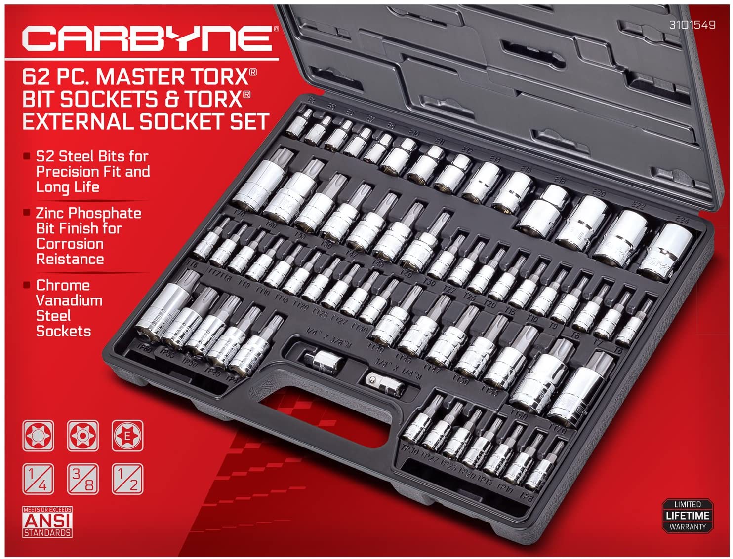 CARBYNE Master Torx Bit Socket Set & Torx External Socket Set - 62 Piece, S2 Steel Bits, CRV Sockets | 1/4", 3/8" & 1/2" Drive - Carbyne Tools