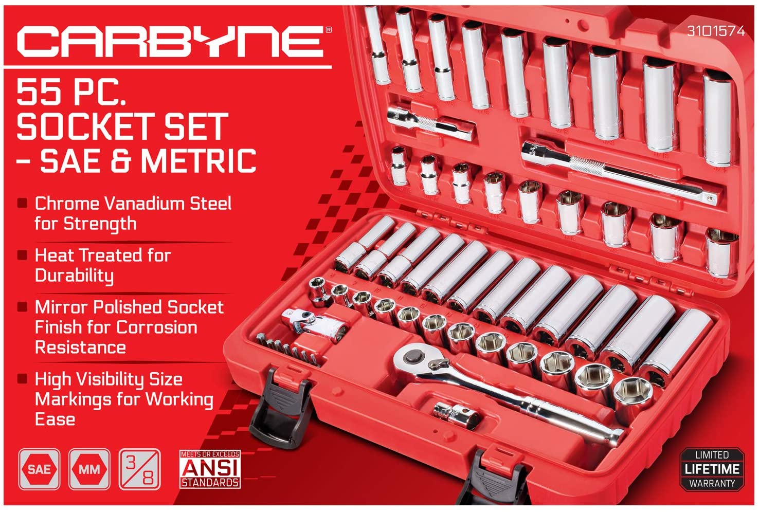 CARBYNE Socket Set - 55 Piece, 3/8" Drive | SAE & Metric, Chrome Vanadium Steel, 6 Point - Carbyne Tools