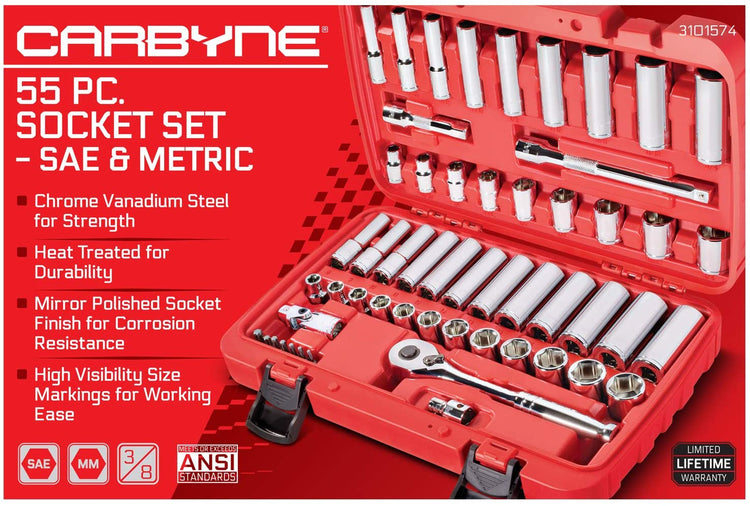 CARBYNE Socket Set - 55 Piece, 3/8" Drive | SAE & Metric, Chrome Vanadium Steel, 6 Point - Carbyne Tools