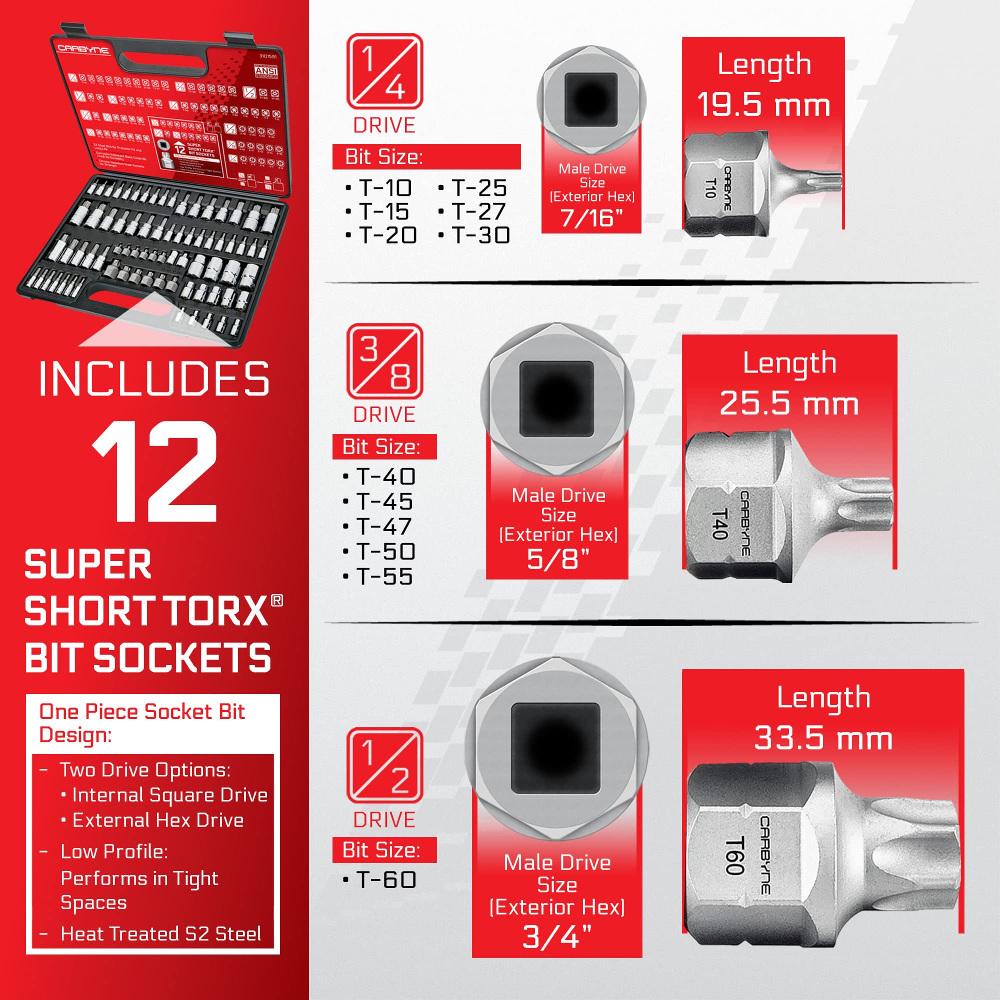 CARBYNE Master Torx Bit Socket Set & Torx External Socket Set, 74 Piece | S2 Steel Bits, CrV Sockets | 1/4-inch, 3/8-inch & 1/2-inch Drive - Carbyne Tools