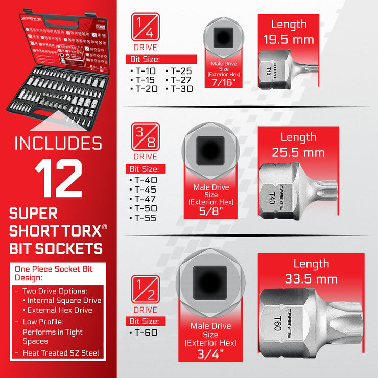 CARBYNE Master Torx Bit Socket Set & Torx External Socket Set, 74 Piece | S2 Steel Bits, CrV Sockets | 1/4-inch, 3/8-inch & 1/2-inch Drive - Carbyne Tools