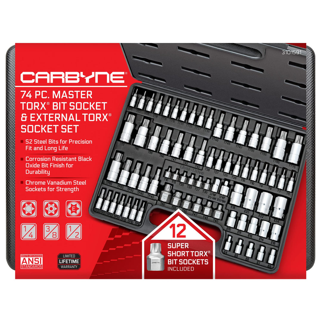 CARBYNE Master Torx Bit Socket Set & Torx External Socket Set, 74 Piece | S2 Steel Bits, CrV Sockets | 1/4-inch, 3/8-inch & 1/2-inch Drive - Carbyne Tools