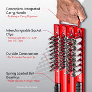 CARBYNE Socket Organizer Tray - 80 Piece, Fits 1/4-Inch, 3/8-Inch, 1/2-Inch Drive Sockets, Heavy Duty Socket Rail, Red Rails with Black Clips - Carbyne Tools