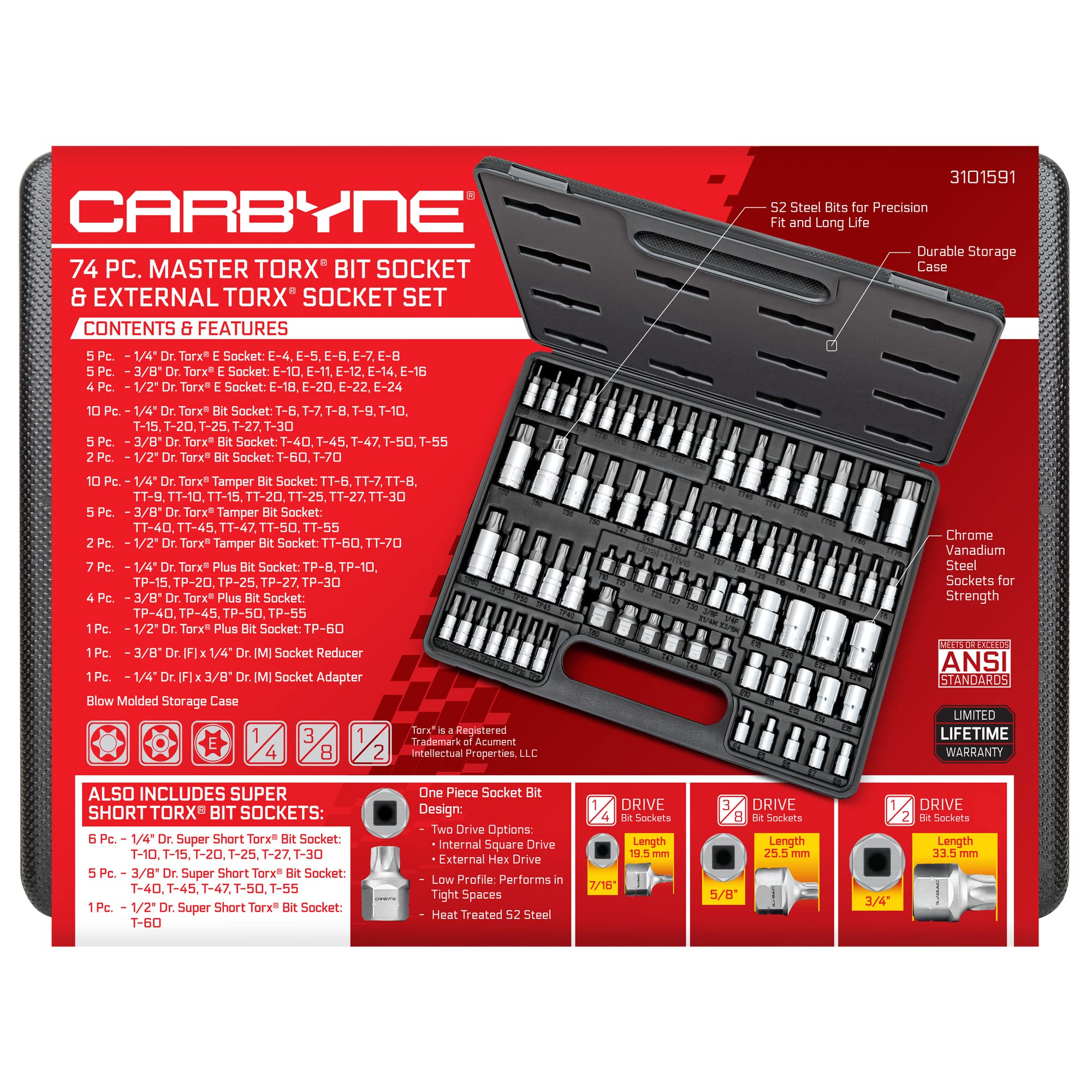 CARBYNE Master Torx Bit Socket Set & Torx External Socket Set, 74 Piece | S2 Steel Bits, CrV Sockets | 1/4-inch, 3/8-inch & 1/2-inch Drive - Carbyne Tools