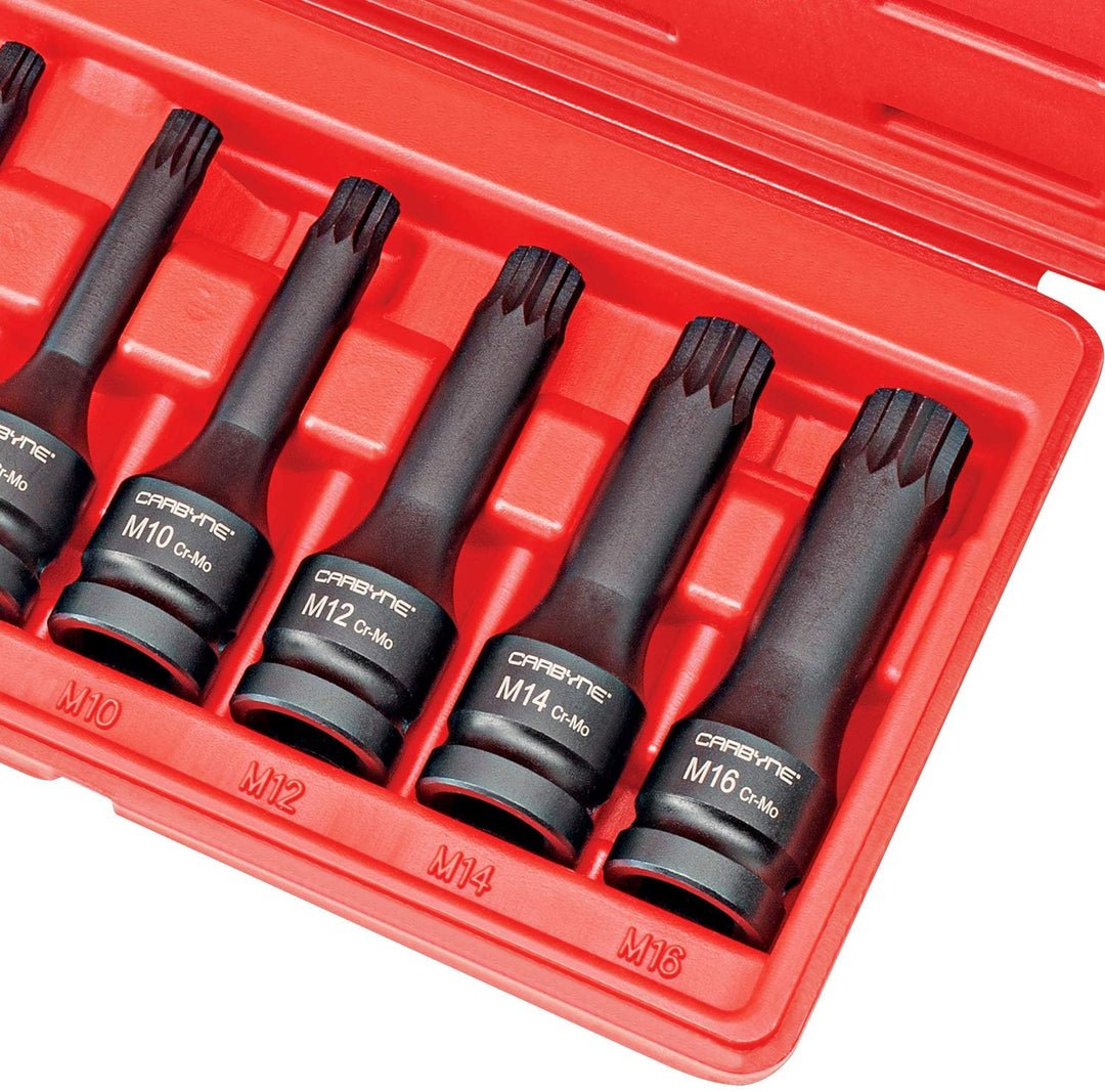 CARBYNE XZN Triple Square Spline Drive Impact Socket Set - 8 Piece, Chrome Molybdenum (Cr-Mo) Steel | Metric M5 to M16 | 1/2 inch Drive - Carbyne Tools