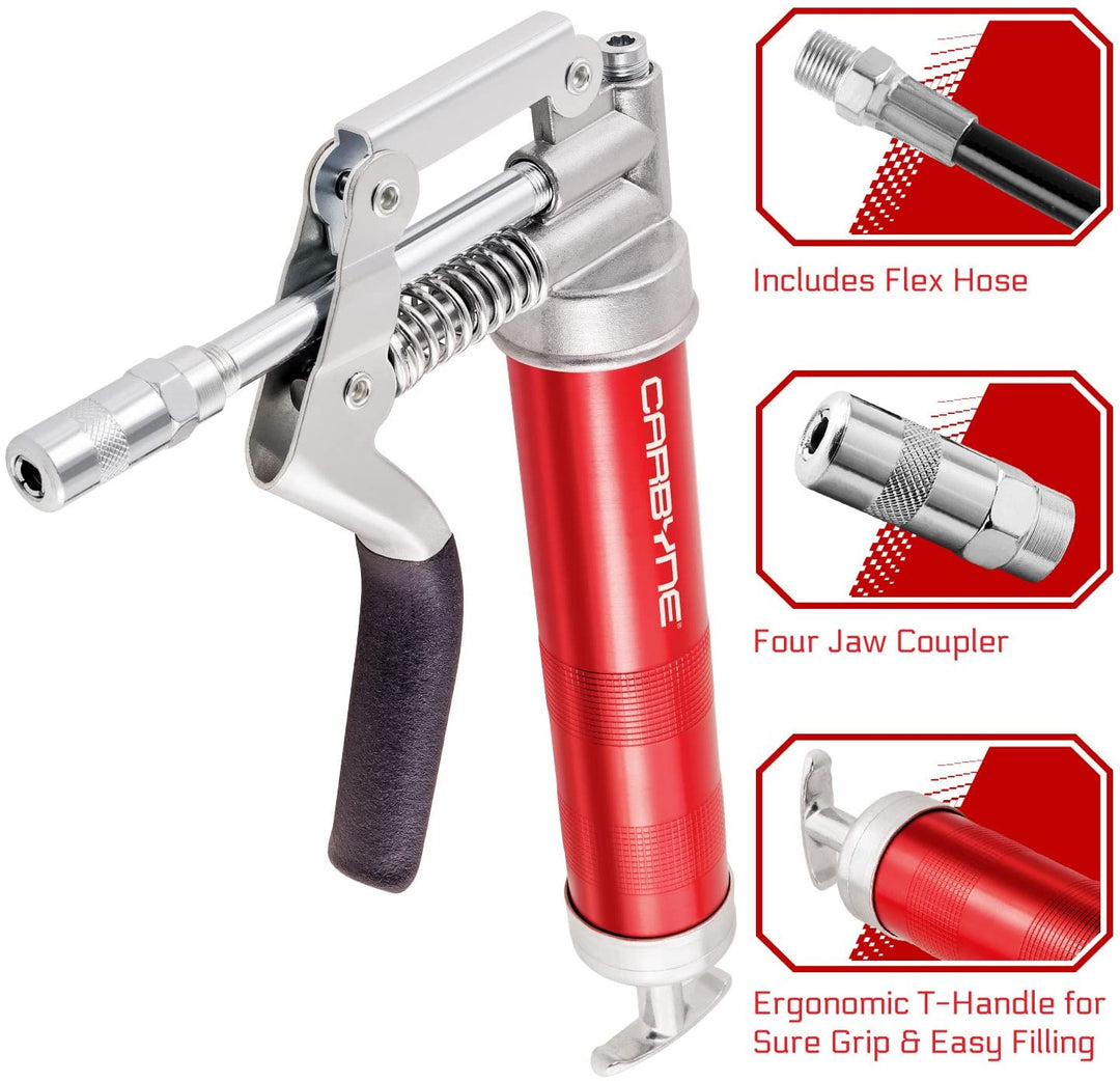 CARBYNE Mini Grease Gun - Pistol Grip, 3000 PSI, Anodized Aluminum Barrel, Heavy Duty Professional Quality. 12" Flex Hose and 4" Rigid Extension - Carbyne Tools