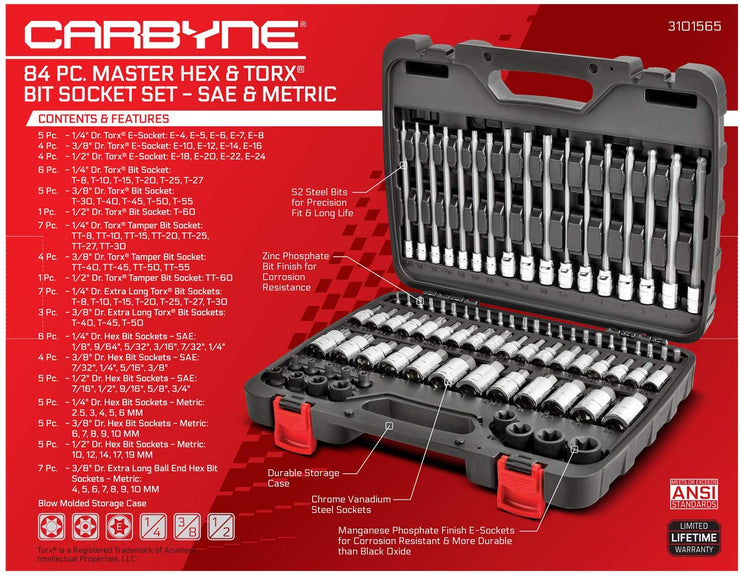 CARBYNE Master Hex & Torx Bit Socket Set - 84 Piece | SAE & Metric, S2 Steel Bits | 1/4", 3/8" & 1/2" Drive - Carbyne Tools