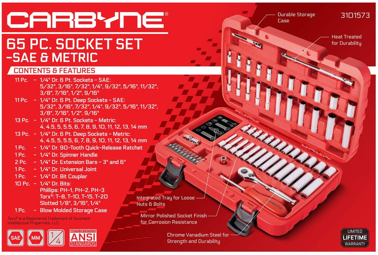 CARBYNE Socket Set - 65 Piece, 1/4" Drive | SAE & Metric, Chrome Vanadium Steel, 6 Point - Carbyne Tools