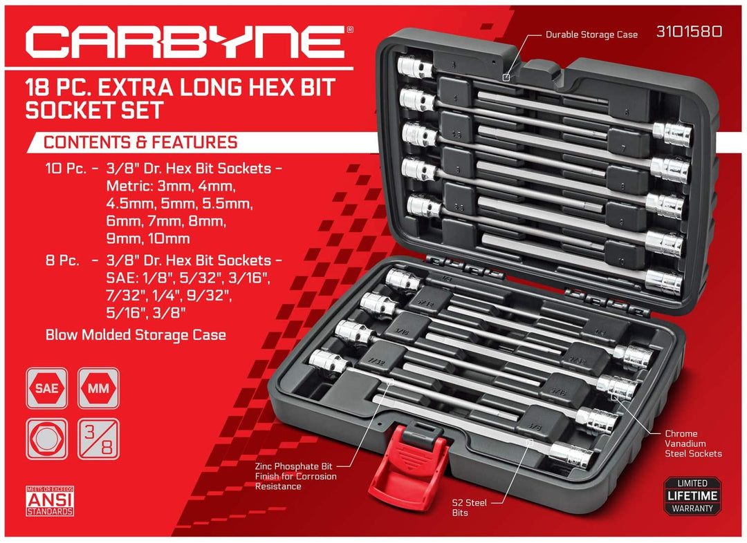 CARBYNE Extra Long Hex Bit Socket Set - 18 Piece, SAE & Metric, S2 Steel Bits | 3/8" Drive, 1/8" to 3/8" & 3mm to 10mm - Carbyne Tools