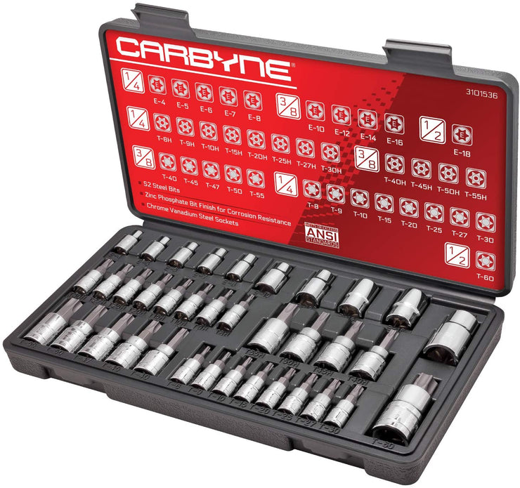 CARBYNE Torx Bit Socket & E-Socket Set - 36 Piece, S2 Steel Bits | 1/4", 3/8" & 1/2" Drive - Carbyne Tools