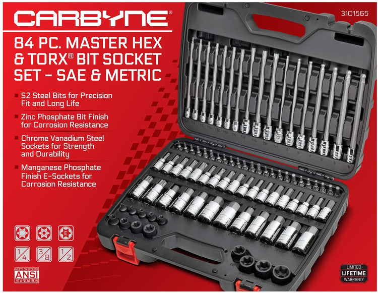 CARBYNE Master Hex & Torx Bit Socket Set - 84 Piece | SAE & Metric, S2 Steel Bits | 1/4", 3/8" & 1/2" Drive - Carbyne Tools