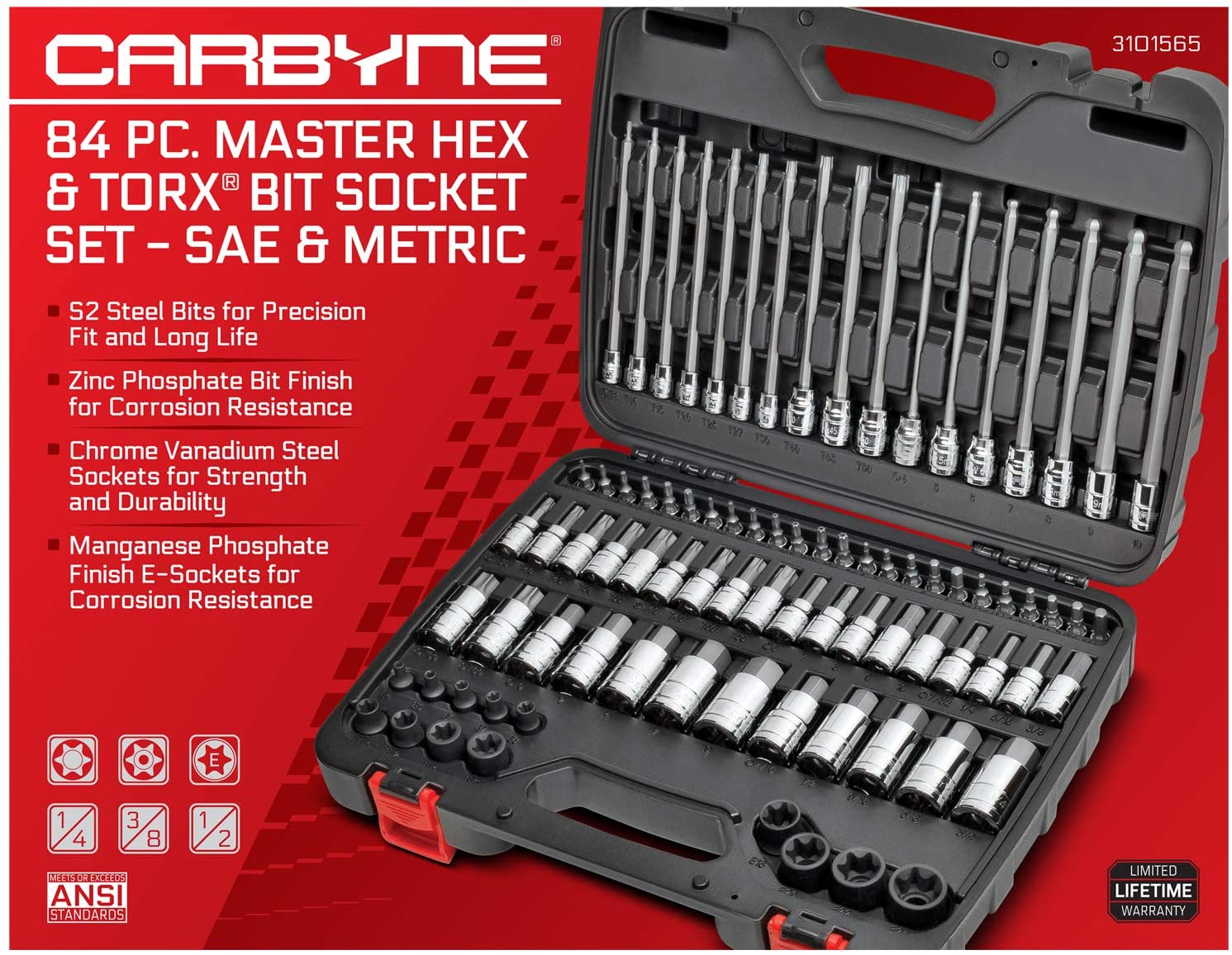 CARBYNE Juego de 62 piezas de llaves Torx Master y juego de llaves externas  Torx y 7 piezas de llaves Torx extra largas. 69 piezas – Enchufes estándar