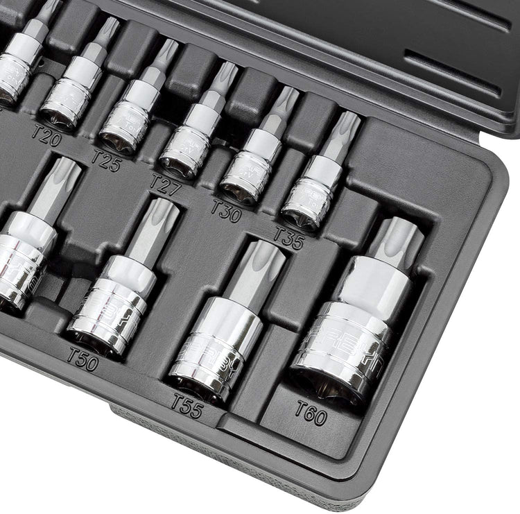 CARBYNE Torx Bit Socket Set - 14 Piece, T-8 to T-60 Sizes, S2 Steel Bits, CRV Sockets | 1/4", 3/8" & 1/2" Drive - Carbyne Tools