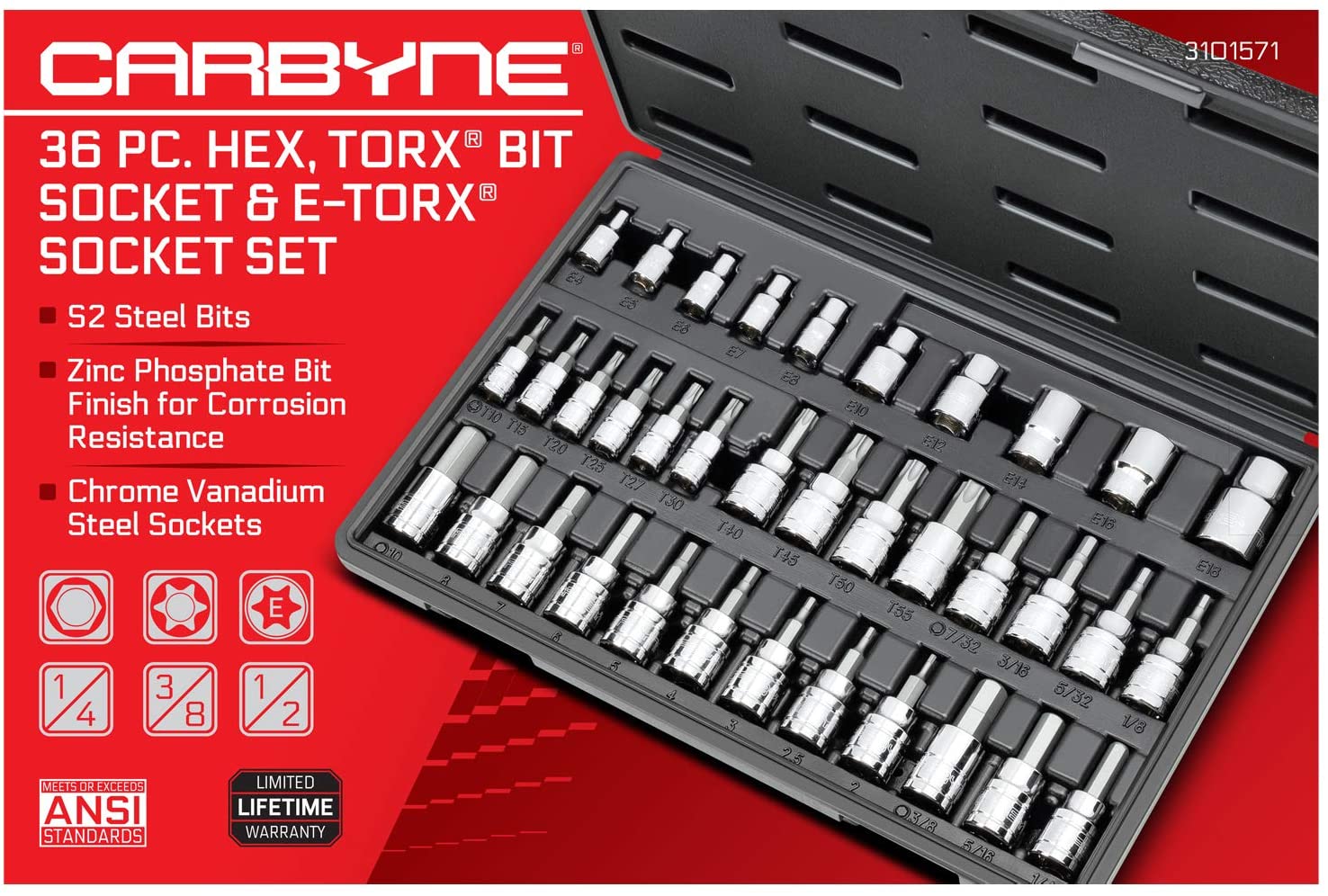 CARBYNE Hex, Torx Bit Socket & E-Torx Socket Set - 36 Piece, S2 Steel | 1/4", 3/8" & 1/2" Drive - Carbyne Tools