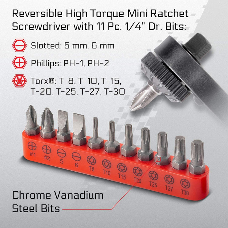 CARBYNE Mini Ratchet Wrench Screwdriver, Bit Set & Sockets - 17 Piece, Right Angle 1/4 inch Dual-Drive | CR-V Steel - Carbyne Tools
