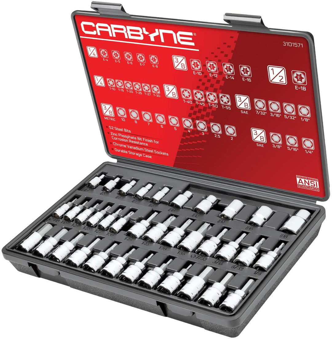 CARBYNE Hex, Torx Bit Socket & E-Torx Socket Set - 36 Piece, S2 Steel | 1/4", 3/8" & 1/2" Drive - Carbyne Tools