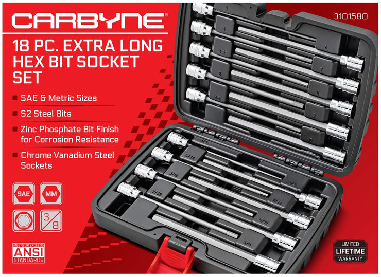 CARBYNE Extra Long Hex Bit Socket Set - 18 Piece, SAE & Metric, S2