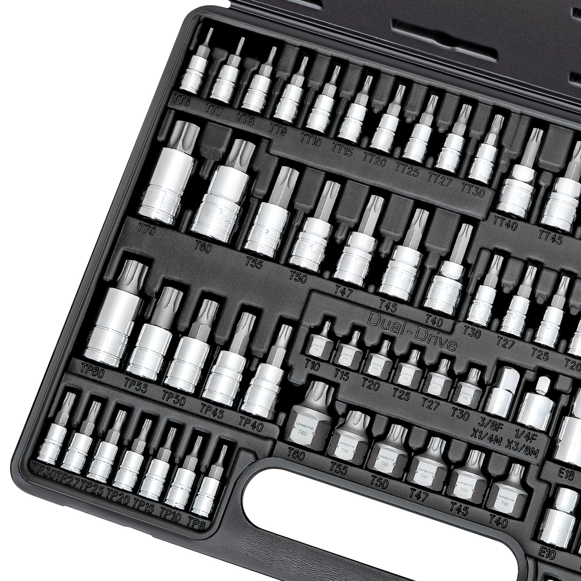 CARBYNE Master Torx Bit Socket Set & Torx External Socket Set, 74 Piece | S2 Steel Bits, CrV Sockets | 1/4-inch, 3/8-inch & 1/2-inch Drive - Carbyne Tools