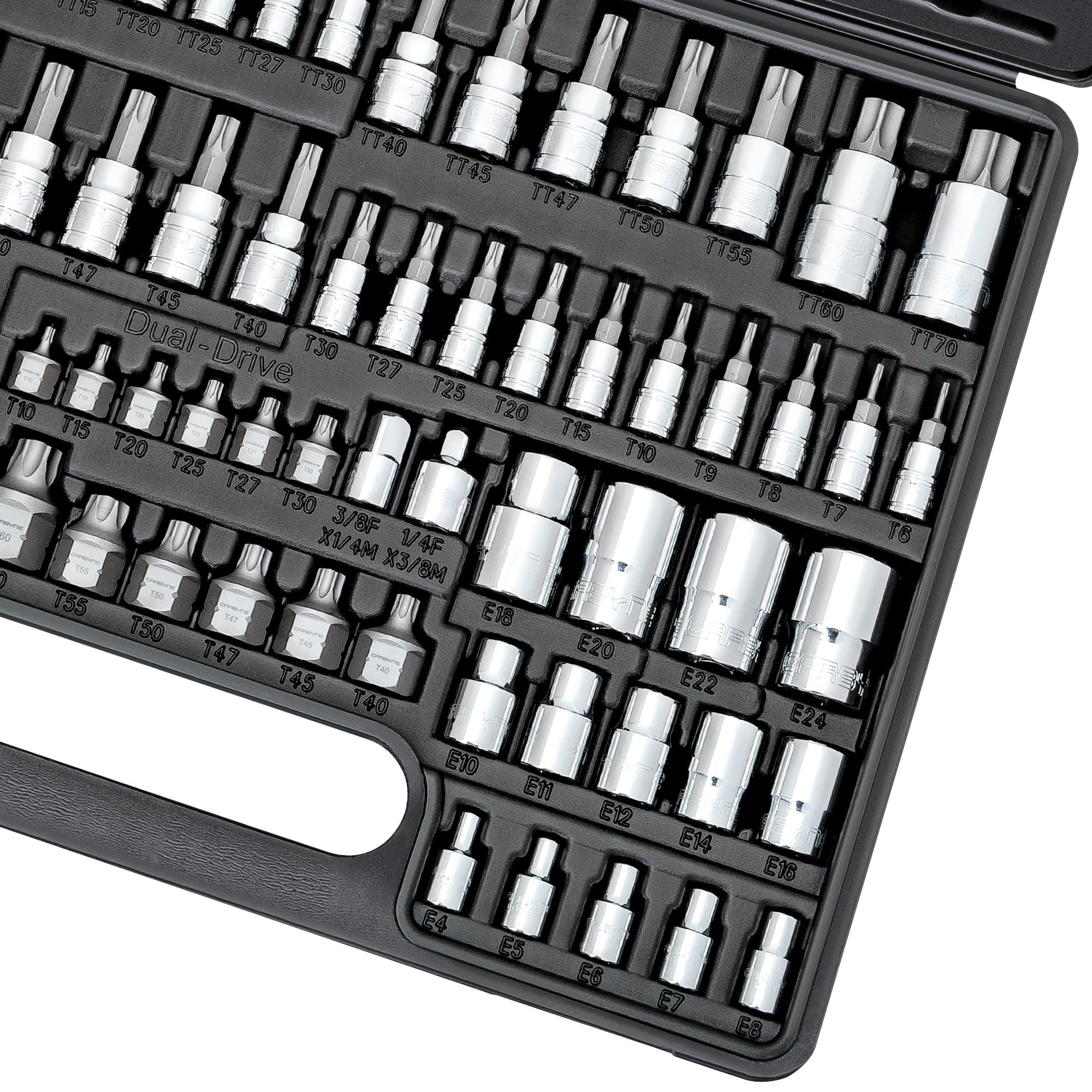 CARBYNE Master Torx Bit Socket Set & Torx External Socket Set, 74 Piece | S2 Steel Bits, CrV Sockets | 1/4-inch, 3/8-inch & 1/2-inch Drive - Carbyne Tools