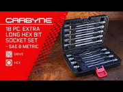 CARBYNE Extra Long Hex Bit Socket Set - 18 Piece, SAE & Metric, S2 Steel Bits | 3/8" Drive, 1/8" to 3/8" & 3mm to 10mm